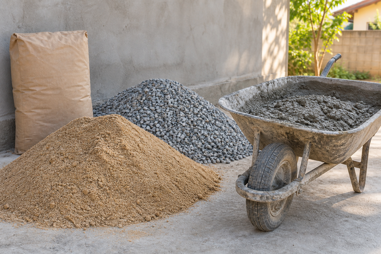 Cimento, areia, brita e água usados como referência para 1 m³ de concreto