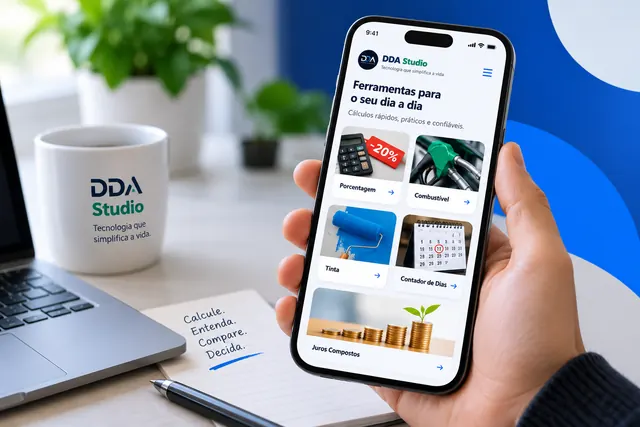 Celular exibindo as ferramentas do Portal DDA ao lado de uma caneca da DDA Studio