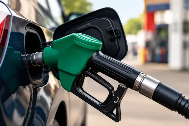 Bico de abastecimento verde conectado a um carro em um posto