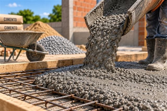 Concreto sendo lançado em uma obra com cimento, areia e brita ao fundo