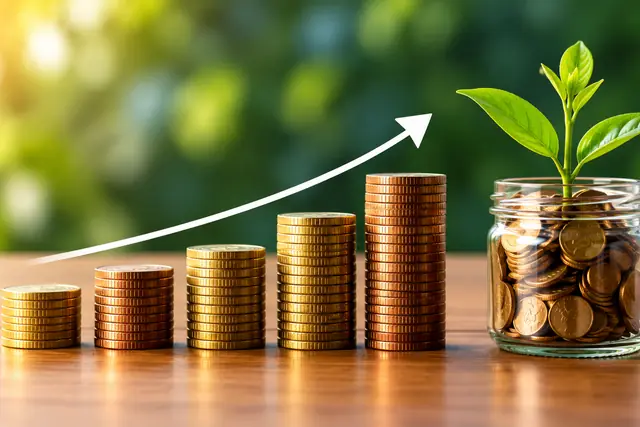 Pilhas crescentes de moedas com uma pequena planta ao fundo