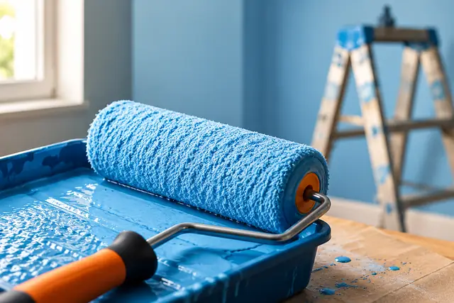 Rolo de pintura azul apoiado sobre uma bandeja com tinta